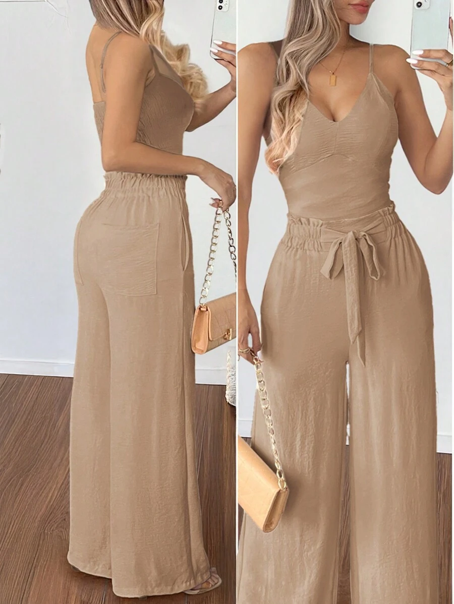 SHEIN Unity Set de 2 piezas para mujer con camiseta de tirantes de unicolor y pantalones de pierna ancha - Camel - Ver 1