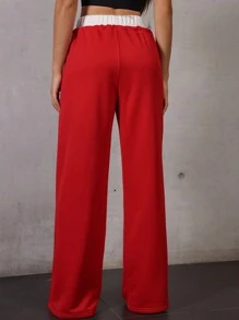 Hanevo Women Casual Straight Waistband Splice Contrast Side Slit Long Fashion Sweatpants For New Year Clothes Sportwear For Daily Wear Fall Cloth For Women - Red - View 2