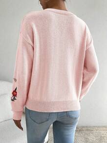 Chiquease 袖子带花卉刺绣，圆领，环形，落肩针织毛衣 - 淺粉色 - 查看 2