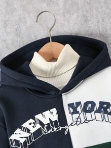 SHEIN 2pcs Boy Teenage Fashion Streetwear Contrast Color Block Print Hooded Sweatshirt & Drawstring Cuff Printed Pants Set, Autumn/Winter