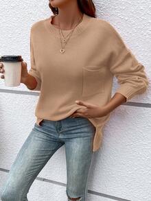 Women Casual Crew Neck Pullover Solid Color Drop Shoulder Pouch Pocket Sweater - Apricot - View 2