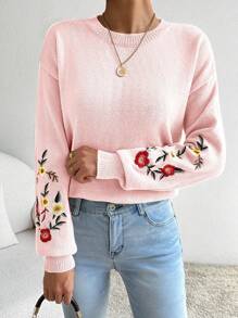 Chiquease 袖子带花卉刺绣，圆领，环形，落肩针织毛衣 - 淺粉色 - 查看 3