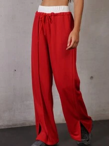 Hanevo Women Casual Straight Waistband Splice Contrast Side Slit Long Fashion Sweatpants For New Year Clothes Sportwear For Daily Wear Fall Cloth For Women - Red - View 3