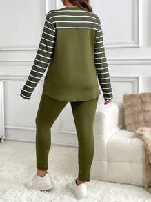 SHEIN LUNE 2pcs Plus Size Women Set - Striped Pocket T-Shirt + Solid Color Pants - Multicolor - View 2