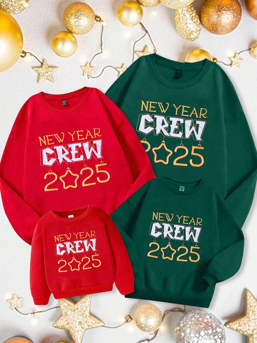 Sudadera de invierno para niña, corte holgado, material de terciopelo, estilo callejero de tendencia, estampado gráfico, diseño oversize retro, patrón de letras en bloque de color, "Familia del Equipo del Año Nuevo 2025" Juego para Navidad - Rojo - Ver 1