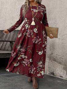 SHEIN LUNE 大码秋季花卉印花优雅连衣裙，休闲风格秋季新年服装长款女装