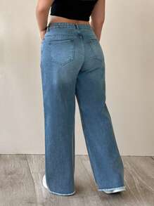 EURMUSE 100% 纯棉高腰直筒大码浅灰色牛仔裤 - 淺色水洗藍 - 查看 2