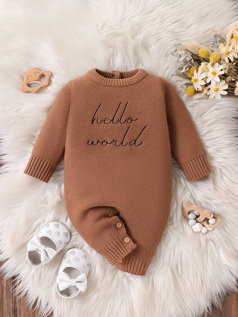新生女婴连体衣，时尚简约字母刺绣连脚连体衣，长袖毛衣连体衣，柔软保暖针织连体衣 - 棕色 - 查看 1