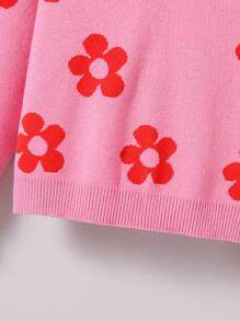 Tween 女童花卉图案圆领落肩长袖毛衣，秋冬款 - 玫紅色 - 查看 6