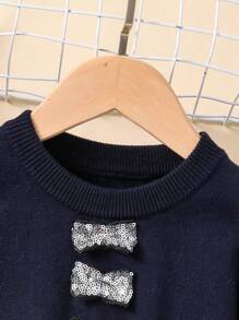 SHEIN 年轻女孩冬装，女童可爱亮片蝴蝶结针织长袖高腰百褶裙女童毛衣裙女童毛衣裙女童毛衣裙女童裙冬季年轻女童毛衣裙 - 寶藍色 - 查看 4