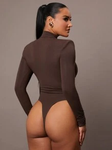 Silquee Women's Autumn And Winter Long-Sleeved Simple Daily Date Elegant Party Solid Coffee Brown Stretch Fabric Slim Fit Bodysuit With Gathered Waist And High Collar, Super Versatile - Coffee Brown - View 4