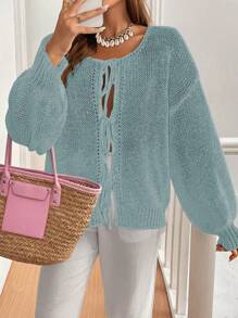 Chiquease 女士系带纯色针织毛衣开衫，可搭配T恤穿着 - 薄荷藍 - 查看 6