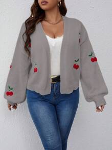 Flirla Plus Size Women Apricot Cherry Embroidered Lantern Sleeve Off Shoulder Casual Knitted Cardigan, Suitable For Autumn/Winter - Grey - View 4