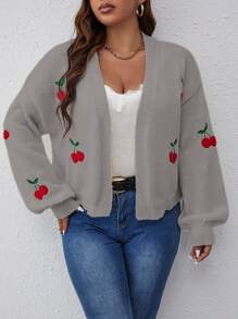 Flirla Plus Size Women Apricot Cherry Embroidered Lantern Sleeve Off Shoulder Casual Knitted Cardigan, Suitable For Autumn/Winter - Grey - View 3