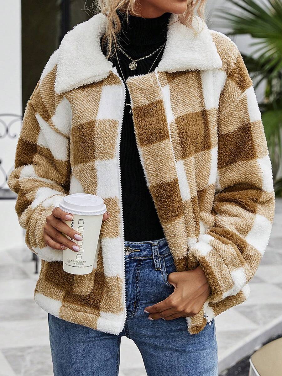 Áo khoác kẻ caro dài tay có khóa kéo, ngắn, mềm mại, mùa thu/đông - màu nâu - Xem 1