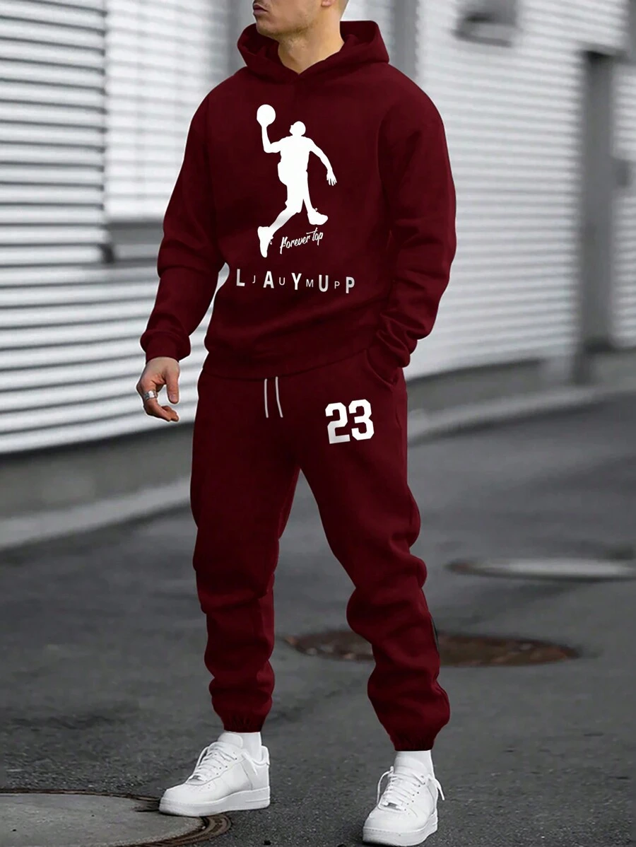 EURMUSE Men Basketball Printed Regular Hoodie Set - Burgundy - View 1