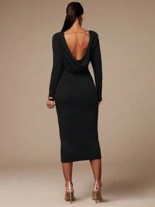 Silquee Women's Elegant And Gorgeous Autumn And Winter Draped Backless Long Sleeve Dress Ideal For Daily Commuting Or Partying, Black Stretch Knit Midi Dress,Thanksgiving,Christmas,New Year Eve Outfit
