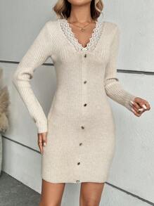 SHEIN Clasi V 领蕾丝拼布荷叶边优雅长袖针织毛衣连衣裙 - 杏色 - 查看 4