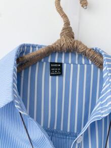 SHEIN LUNE 女式前扣长袖条纹休闲衬衫 - 淺藍色 - 查看 5