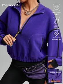 Innovista Sweatshirt de sport ample en polaire pourpre, survêtement, course, sweatshirt court avec boucles à fermeture éclair de couleurs contrastées, tenues de sport de gym quotidiennes, hoodies pour femmes, tenues d'automne pour femmes, sweatshirts d'automne, camping, extérieur, tenue d'automne et d'hiver pour femmes, maillot, vêtements pour temps froid