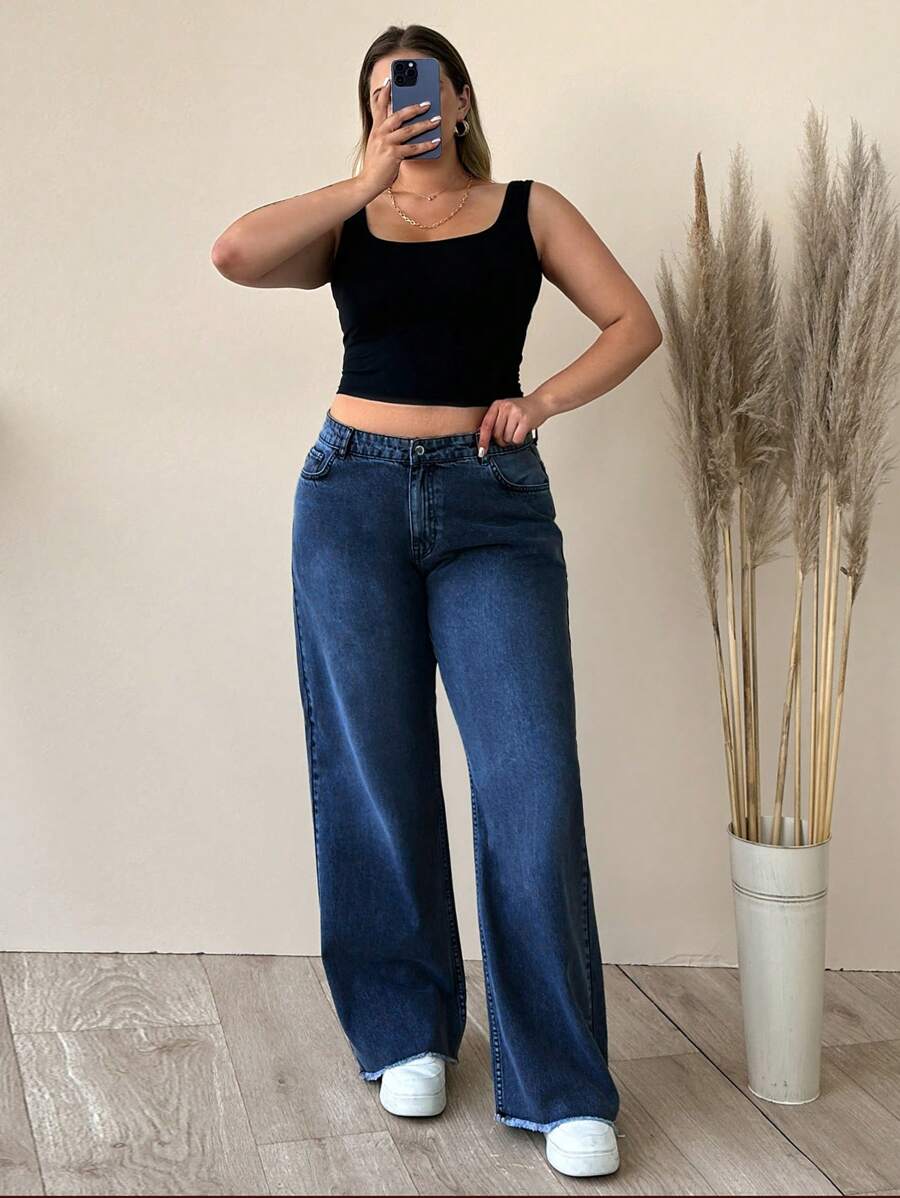 EURMUSE 100%Cotton HIGH RISE STRAIGHT CUT PLUS SIZE LIGHT GREY JEAN - Dark Wash - View 1