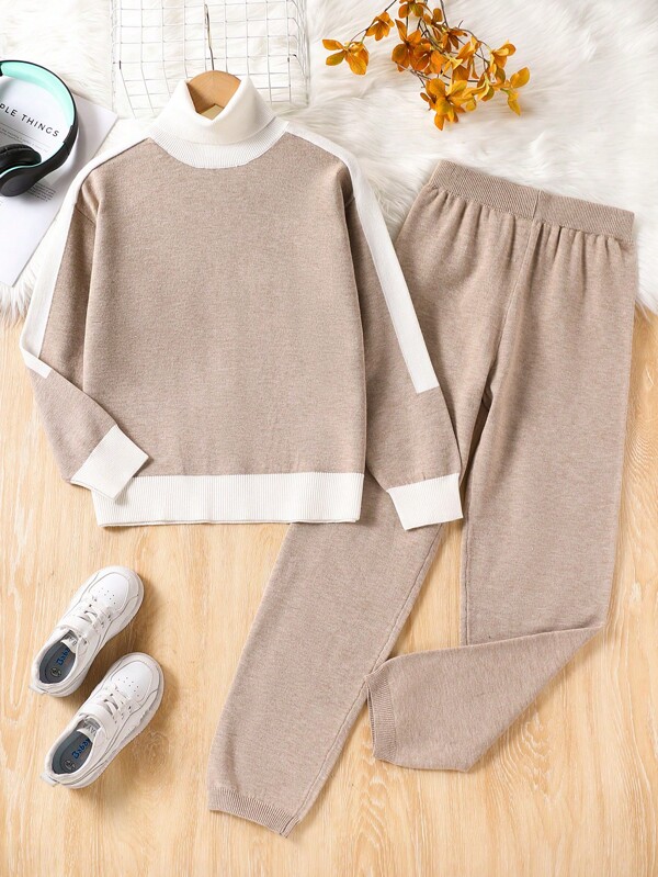 2 pièces/Ensemble Top tricoté et pantalon à jambe large pour adolescentes en hiver, Ensemble pull col roulé et pantalon contrastant pour filles