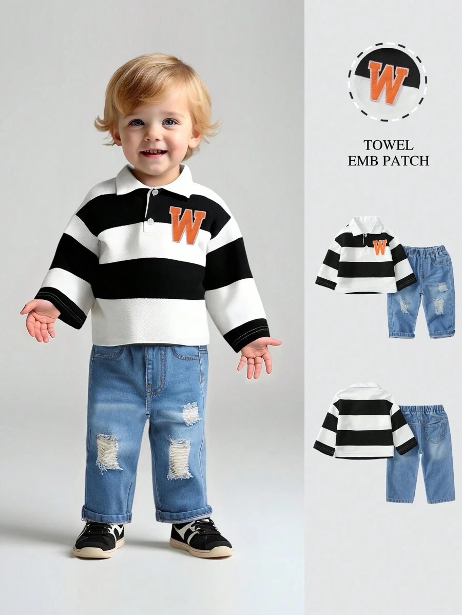 2 chiếc áo sơ mi sọc đen trắng cho bé trai có thêu chữ W màu cam, cổ polo rộng rãi, cạp chun, quần ống đứng denim giản dị, phù hợp mọi phong cách - Nhiều màu - Xem 1