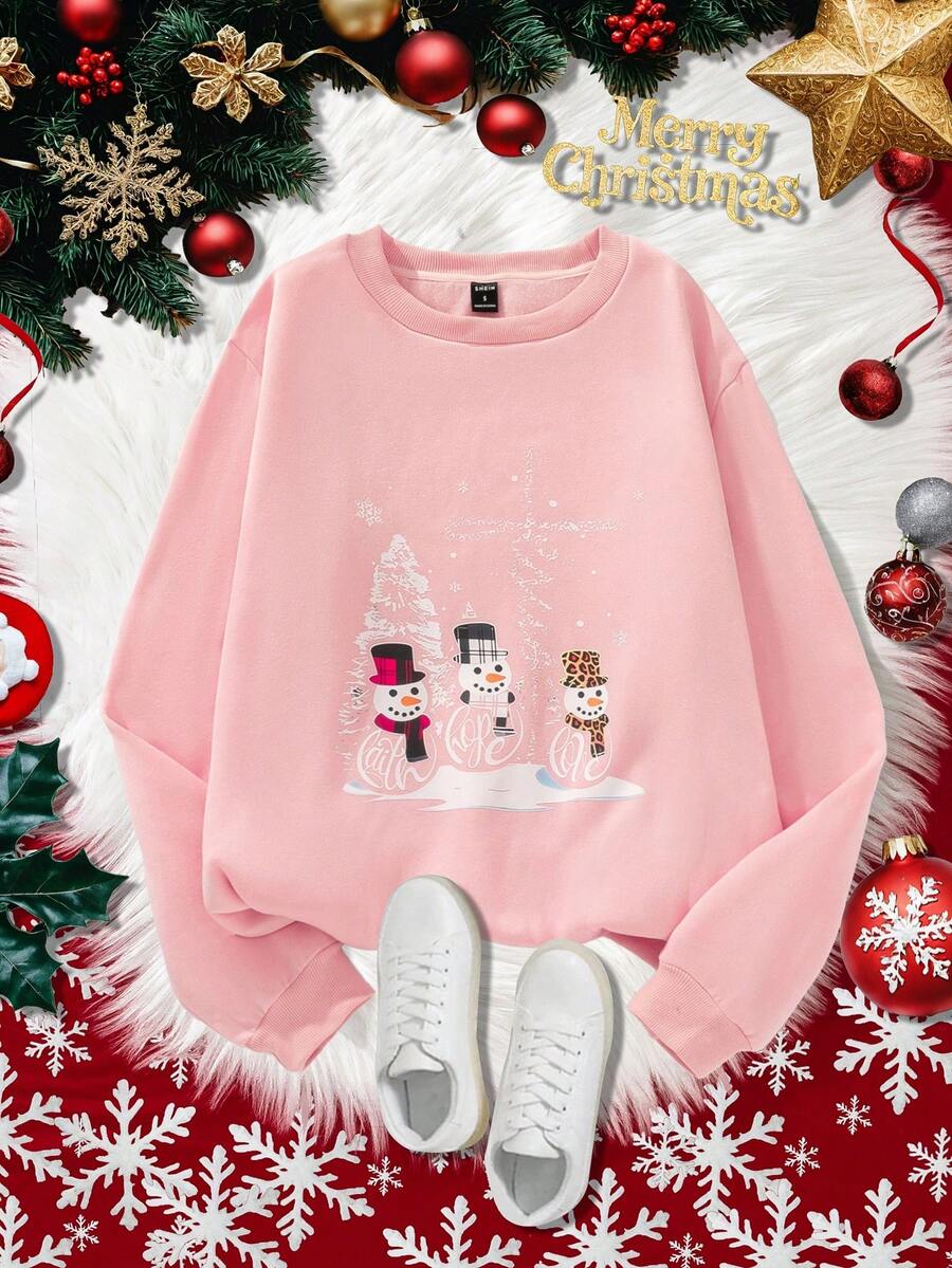 女式妈妈休闲套头运动衫长袖，黑色圣诞节节日派对家庭配套上衣，秋冬 - 粉色 - 查看 1