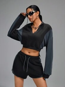 Innovista Loose Fit Fleece Colorblock Sport Sweatshirt,Tracksuit,Run,Cropped Sweatshirt,Workout Gym Daily ,Women Hoodies,Fall Woman Outfits,Fall Sweatshirts,Camping,Outdoor,Fall Winter Women Outfit,Jersey,Cold Weather Clothes - Black - View 10