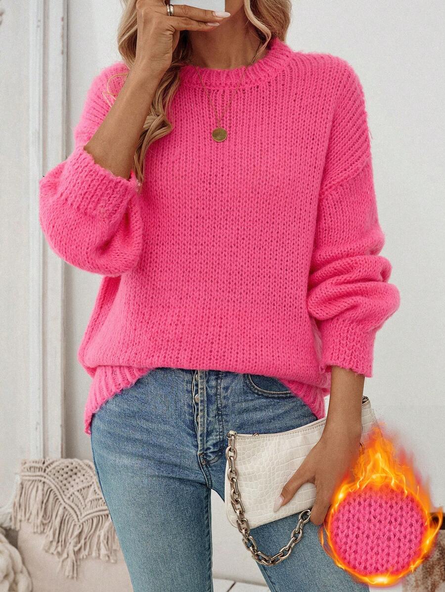 SHEIN LUNE Maglione lavorato a maglia rosa oversize casual da donna, maglia dal design ricciuto in stile europeo e americano, adatto per autunno/inverno - Fucsia - Visualizzare 1