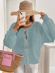 Chiquease 女士系带纯色针织毛衣开衫，可搭配T恤穿着 - 薄荷藍 - 查看 5