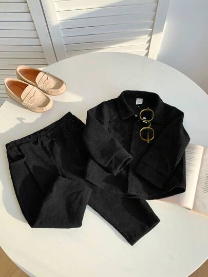 SHEIN 2pcs Baby Boy Classic Casual Gentleman Style Button Down Shirt & Pants Set, Suitable For Fall/Winter, Indoor/Outdoor, Party, Wedding