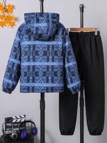 2 件套：Tween Boy 厚款保暖内衬印花领夹克和户外休闲裤，适合户外玩耍、冬季服装 - 彩色 - 查看 2