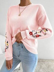 Chiquease 袖子带花卉刺绣，圆领，环形，落肩针织毛衣 - 淺粉色 - 查看 4