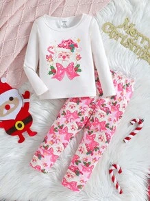 Bộ 2 món/bộ đồ ngủ bé gái dễ thương, vừa vặn, in hình ông già Noel, hươu và bông tuyết, áo thun dài tay và quần legging - Màu Hồng Tươi - Xem 1