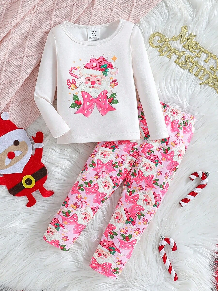 Bộ 2 món/bộ đồ ngủ bé gái dễ thương, vừa vặn, in hình ông già Noel, hươu và bông tuyết, áo thun dài tay và quần legging - Màu Hồng Tươi - Xem 1