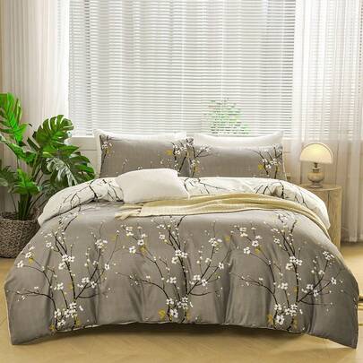 3件套灰色和米色双面梅花图案被套套装，柔软超细纤维材质，易于打理，抗皱，提升睡眠质量，奢华酒店风格，送给父母和朋友的礼物，包含被套*1，枕套*2，适用于单人床/双人床/大号床/特大号床，宿舍床上用品，返校季必备
