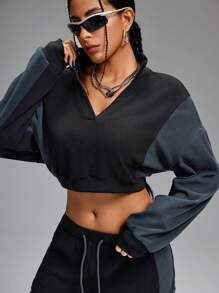 Innovista Loose Fit Fleece Colorblock Sport Sweatshirt,Tracksuit,Run,Cropped Sweatshirt,Workout Gym Daily ,Women Hoodies,Fall Woman Outfits,Fall Sweatshirts,Camping,Outdoor,Fall Winter Women Outfit,Jersey,Cold Weather Clothes - Black - View 17