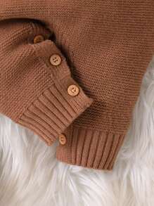 新生女婴连体衣，时尚简约字母刺绣连脚连体衣，长袖毛衣连体衣，柔软保暖针织连体衣 - 棕色 - 查看 4