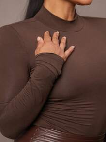 Silquee Women's Autumn And Winter Long-Sleeved Simple Daily Date Elegant Party Solid Coffee Brown Stretch Fabric Slim Fit Bodysuit With Gathered Waist And High Collar, Super Versatile - Coffee Brown - View 6