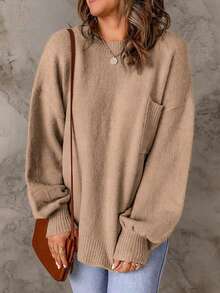Women Casual Crew Neck Pullover Solid Color Drop Shoulder Pouch Pocket Sweater - Apricot - View 3