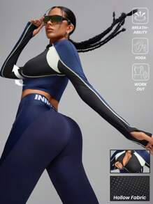 Innovista Tight Fit Cropped Colorblock Front Zipper Breathable Long Sleeve Sports Sweatshirts,Outfits T-Shirts Tops,Going Out,Party,Gym & Daily Casual,Festival,Fall Winter