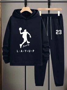 RueChic Men Basketball Printed Regular Hoodie Set - Navy Blue - View 2