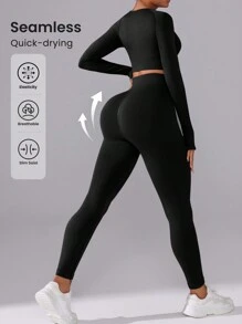 Gameset SHEIN Sport Women's Fashionable Solid Color Seamless Elastic Quick-Dry Top And Leggings, Sports Suit Gym Set Workout Women Set Women Leggings Set - Black - View 1