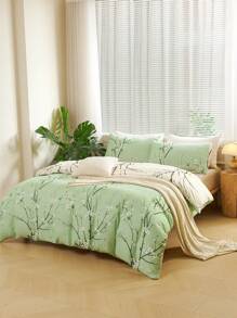 3pcs/Set Green Beige Two Tone Reversible Plum Blossom Branch Flower Pattern Duvet Cover Set Easy Care Microfiber Soft Bedding Set Soft Breatheable Wrink-Free Better For Sleep, Luxury Hotel Style, Gift For Mom Dad Friend, Quilt Comforter Duvet Cover*1 Pillowcase*2 King Queen Full Twin Size Domitory Bedding Back School Bedding