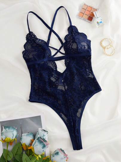 Bloemen Kanten Criss Cross Up Backless Teddy Bodysuit Lingerie view 6