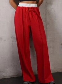 Hanevo Women Casual Straight Waistband Splice Contrast Side Slit Long Fashion Sweatpants For New Year Clothes Sportwear For Daily Wear Fall Cloth For Women - Red - View 6