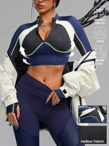 Innovista Tight Fit Cropped Colorblock Front Zipper Breathable Long Sleeve Sports Sweatshirts,Outfits T-Shirts Tops,Going Out,Party,Gym & Daily Casual,Festival,Fall Winter