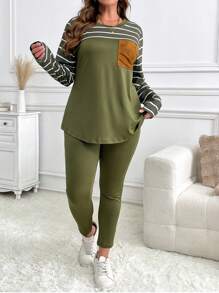 SHEIN LUNE 2pcs Plus Size Women Set - Striped Pocket T-Shirt + Solid Color Pants - Multicolor - View 4