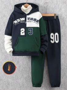 SHEIN 2pcs Boy Teenage Fashion Streetwear Contrast Color Block Print Hooded Sweatshirt & Drawstring Cuff Printed Pants Set, Autumn/Winter